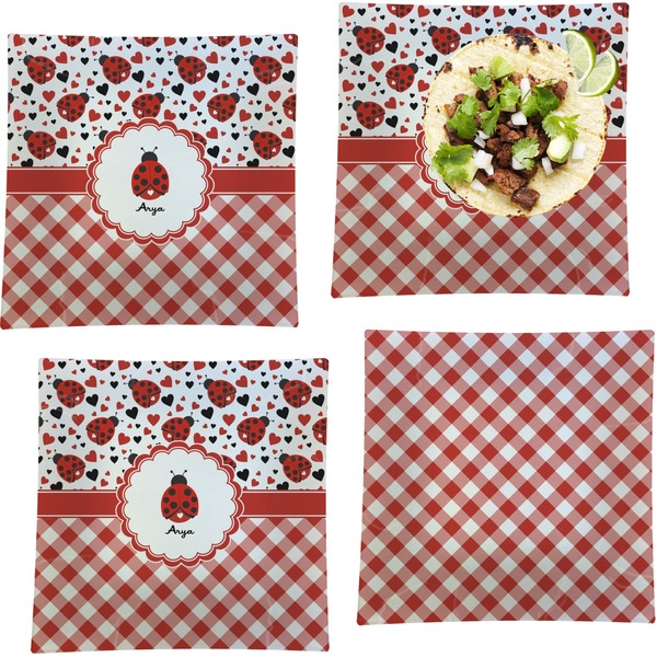 Custom Ladybugs & Gingham Set of 4 Glass Square Lunch / Dinner Plate 9.5" (Personalized)
