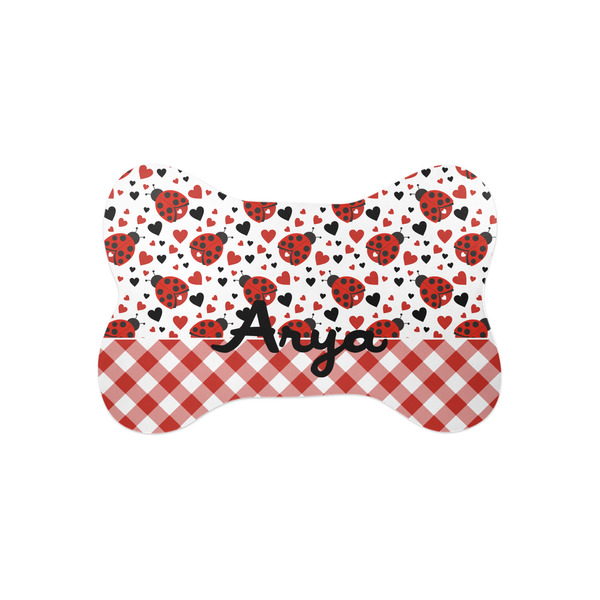 Custom Ladybugs & Gingham Bone Shaped Dog Food Mat (Small) (Personalized)