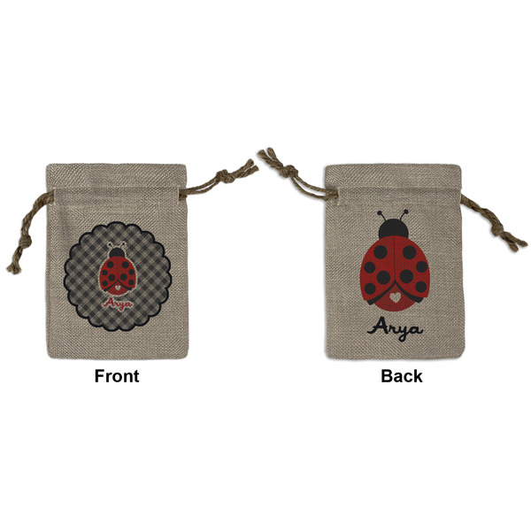 Custom Ladybugs & Gingham Small Burlap Gift Bag - Front & Back (Personalized)