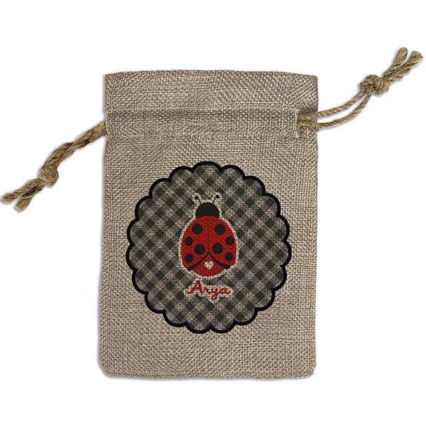 Custom Ladybugs & Gingham Small Burlap Gift Bag - Front (Personalized)