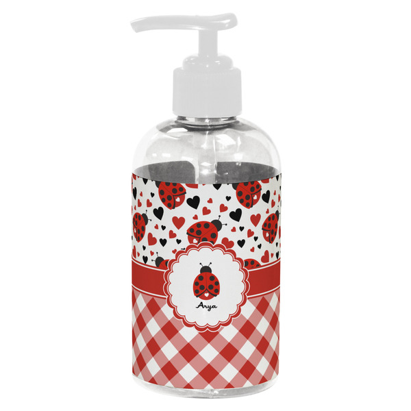 Custom Ladybugs & Gingham Plastic Soap / Lotion Dispenser (8 oz - Small - White) (Personalized)