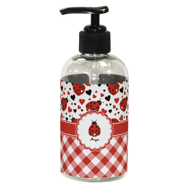 Custom Ladybugs & Gingham Plastic Soap / Lotion Dispenser (8 oz - Small - Black) (Personalized)