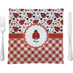 Ladybugs & Gingham 9.5" Glass Square Lunch / Dinner Plate- Single or Set of 4 (Personalized)