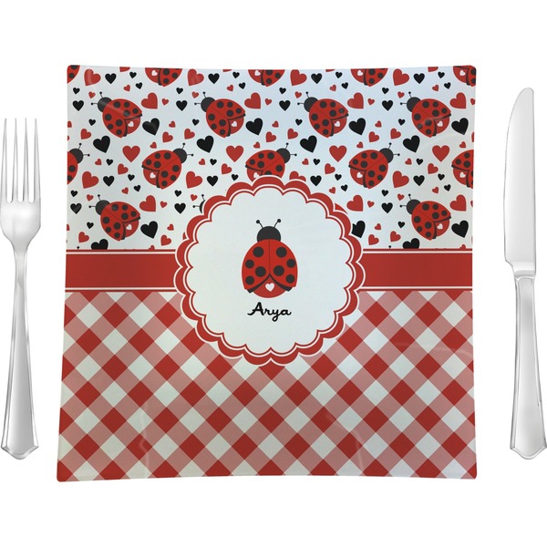 Custom Ladybugs & Gingham 9.5" Glass Square Lunch / Dinner Plate- Single or Set of 4 (Personalized)