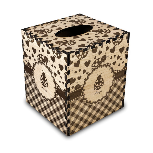 Custom Ladybugs & Gingham Wood Tissue Box Cover - Square (Personalized)