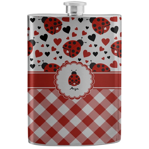 Custom Ladybugs & Gingham Stainless Steel Flask (Personalized)