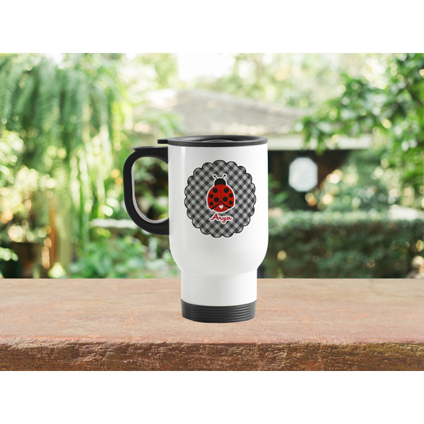 Ladybugs & Gingham Stainless Steel Travel Mug with Handle Lifestyle
