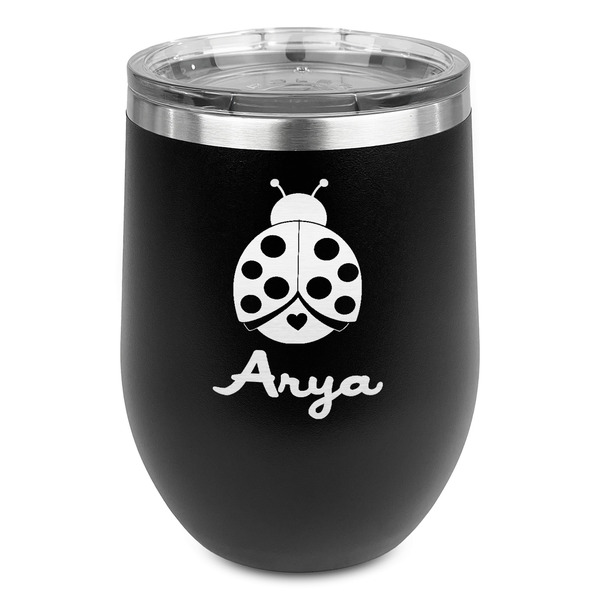 Custom Ladybugs & Gingham Stemless Stainless Steel Wine Tumbler - Black - Double Sided (Personalized)
