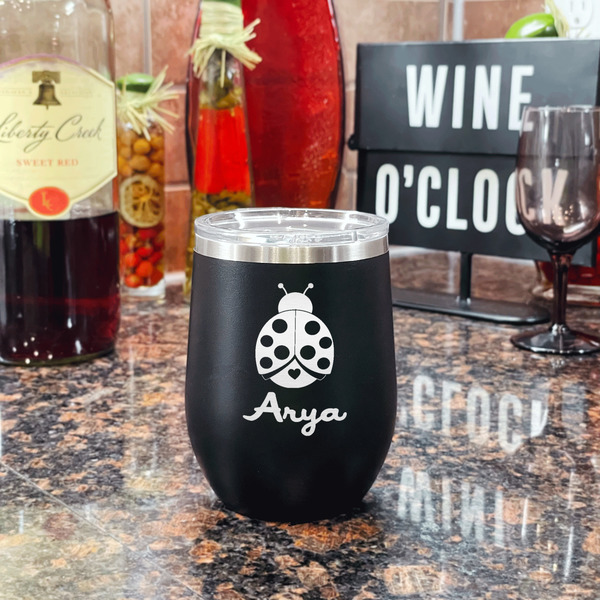 Ladybugs & Gingham Stainless Wine Tumblers - Black - Double Sided - In Context