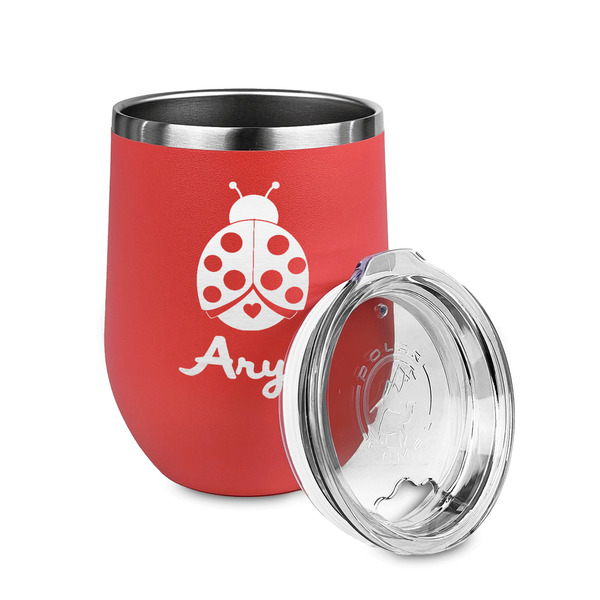 Ladybugs & Gingham Stainless Wine Tumblers - Coral - Single Sided - Alt View