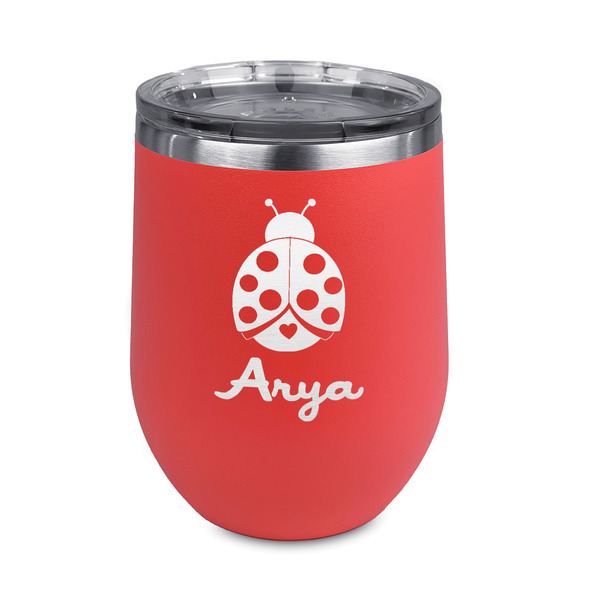 Custom Ladybugs & Gingham Stemless Stainless Steel Wine Tumbler - Coral - Single Sided (Personalized)