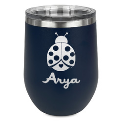 Ladybugs & Gingham Stemless Stainless Steel Wine Tumbler - Navy - Double Sided (Personalized)