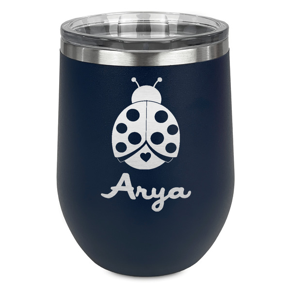 Custom Ladybugs & Gingham Stemless Stainless Steel Wine Tumbler - Navy - Double Sided (Personalized)