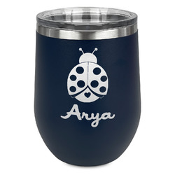 Ladybugs & Gingham Stemless Stainless Steel Wine Tumbler - Navy - Single Sided (Personalized)