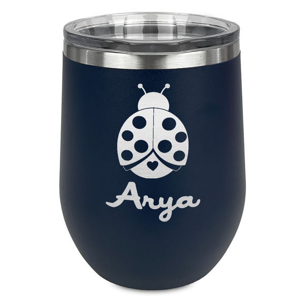 Custom Ladybugs & Gingham Stemless Stainless Steel Wine Tumbler - Navy - Single Sided (Personalized)