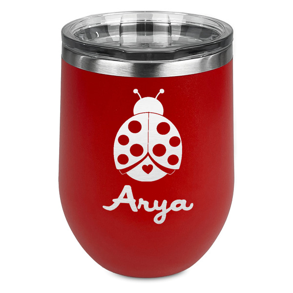 Custom Ladybugs & Gingham Stemless Stainless Steel Wine Tumbler - Red - Single Sided (Personalized)