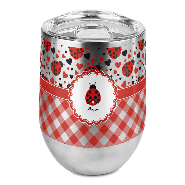 Custom Ladybugs & Gingham Stemless Wine Tumbler - Full Print (Personalized)