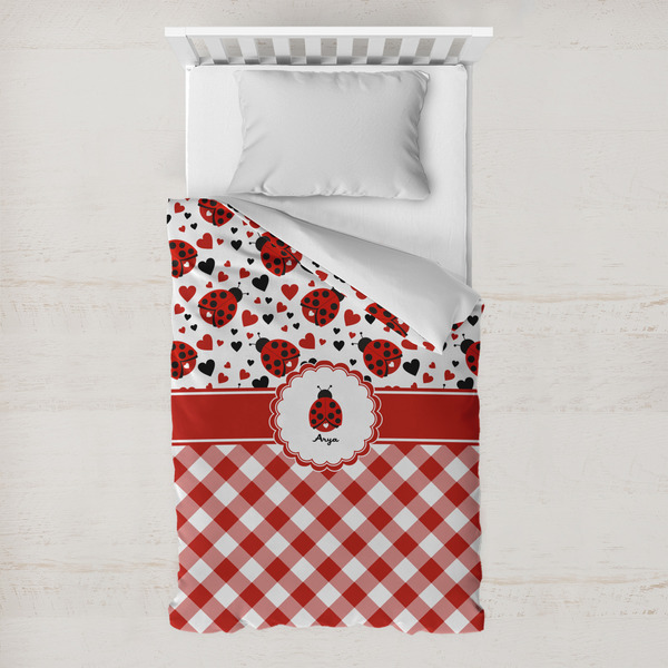 Custom Ladybugs & Gingham Toddler Duvet Cover w/ Name or Text