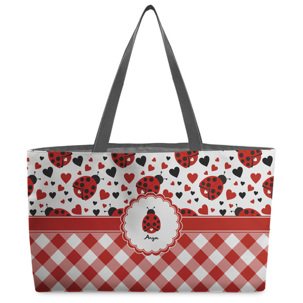 Custom Ladybugs & Gingham Beach Totes Bag - w/ Black Handles (Personalized)