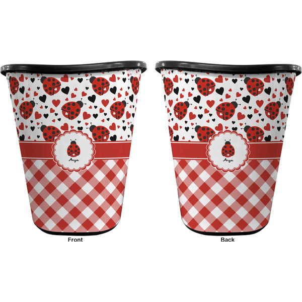Ladybugs & Gingham Trash Can Black - Front and Back - Apvl