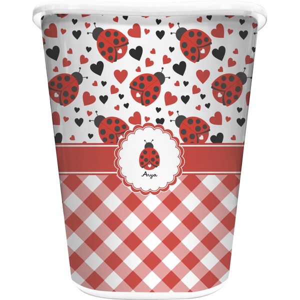 Custom Ladybugs & Gingham Waste Basket - Single Sided (White) (Personalized)