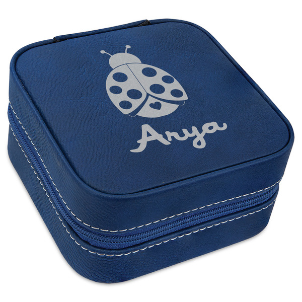 Custom Ladybugs & Gingham Travel Jewelry Box - Navy Blue Leather (Personalized)