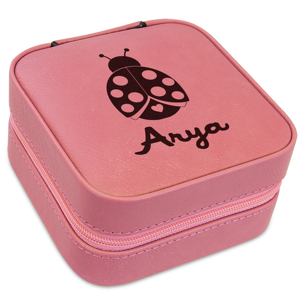 Custom Ladybugs & Gingham Travel Jewelry Boxes - Pink Leather (Personalized)