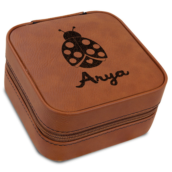 Custom Ladybugs & Gingham Travel Jewelry Box - Rawhide Leather (Personalized)