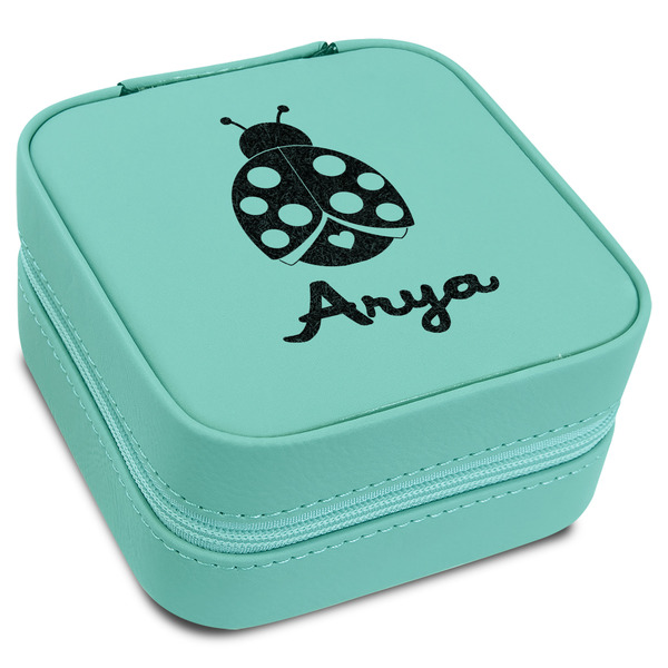 Custom Ladybugs & Gingham Travel Jewelry Box - Teal Leather (Personalized)