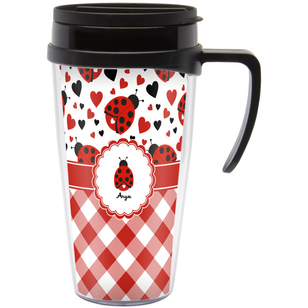 Custom Ladybugs & Gingham Acrylic Travel Mug with Handle (Personalized)