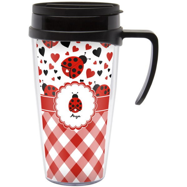 Custom Ladybugs & Gingham Acrylic Travel Mug with Handle (Personalized)