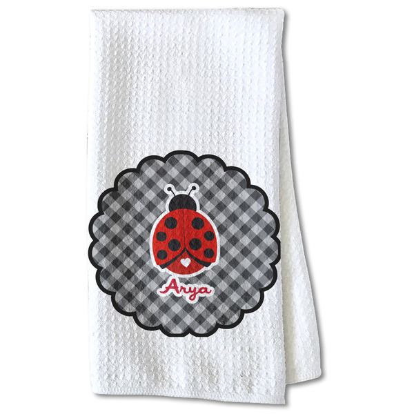 Custom Ladybugs & Gingham Kitchen Towel - Waffle Weave - Partial Print (Personalized)