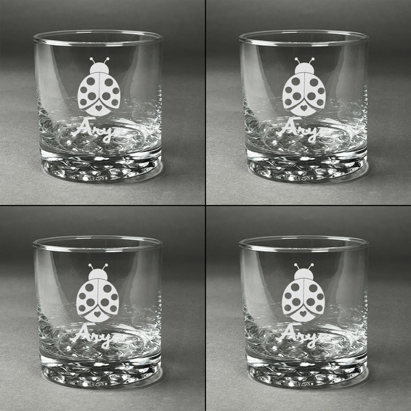 Ladybugs & Gingham Whiskey Glasses - Set of 4 all Engraved