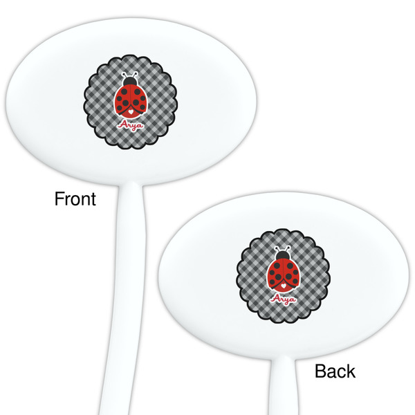 Ladybugs & Gingham White Plastic 7" Stir Stick - Double Sided - Oval - Front & Back