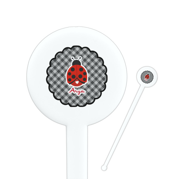 Custom Ladybugs & Gingham 7" Round Plastic Stir Sticks - White - Double Sided (Personalized)
