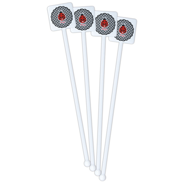 Ladybugs & Gingham White Plastic Stir Stick - Single Sided - Square - Front