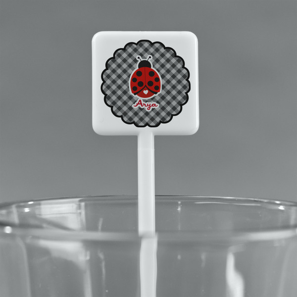 Ladybugs & Gingham White Plastic Stir Stick - Square - Main