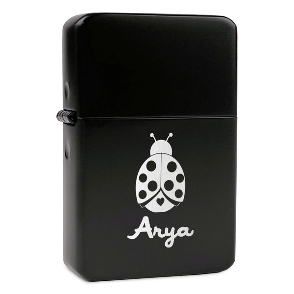 Custom Ladybugs & Gingham Windproof Lighter - Black - Double Sided & Lid Engraved (Personalized)
