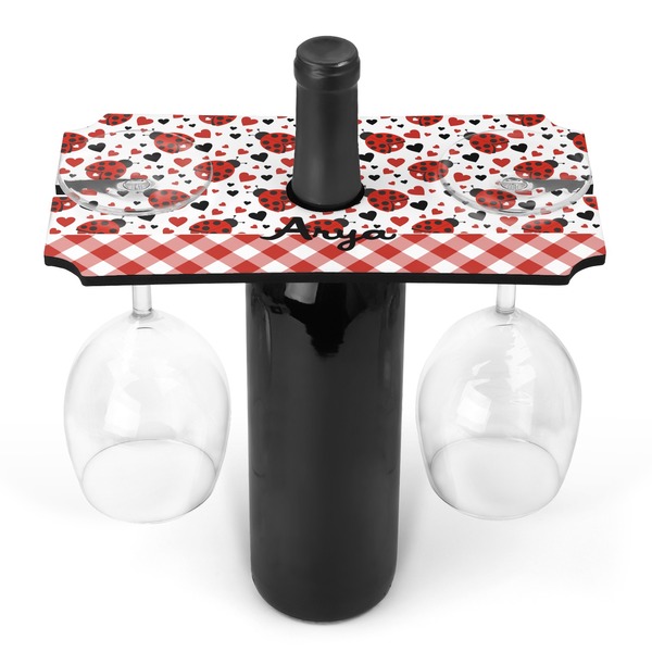 Custom Ladybugs & Gingham Wine Bottle & Glass Holder (Personalized)