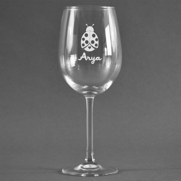 Custom Ladybugs & Gingham Wine Glass - Engraved (Personalized)
