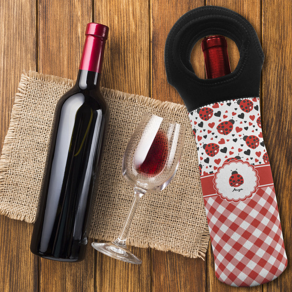 Ladybugs & Gingham Wine Tote Bag - FLATLAY