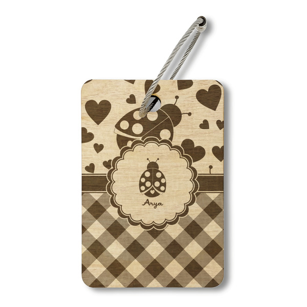 Custom Ladybugs & Gingham Wood Luggage Tag - Rectangle (Personalized)