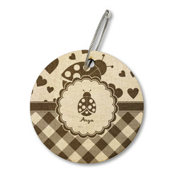 Ladybugs & Gingham Wood Luggage Tag - Round (Personalized)