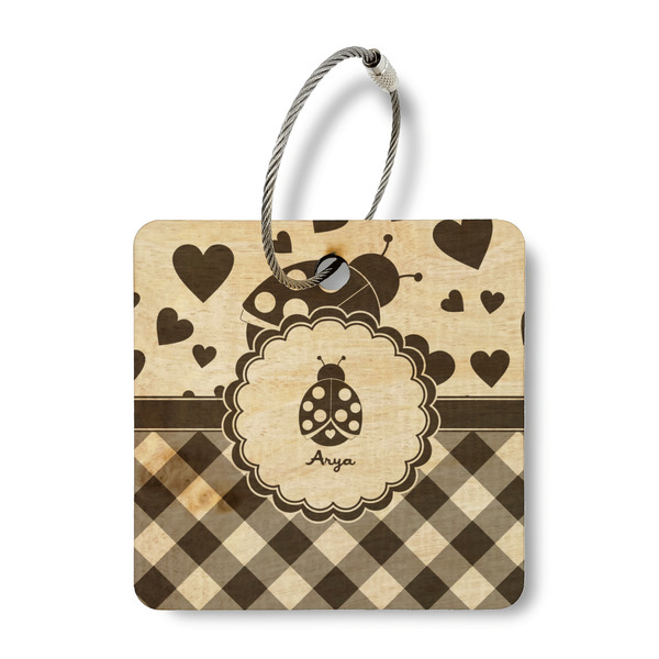 Custom Ladybugs & Gingham Wood Luggage Tag - Square (Personalized)
