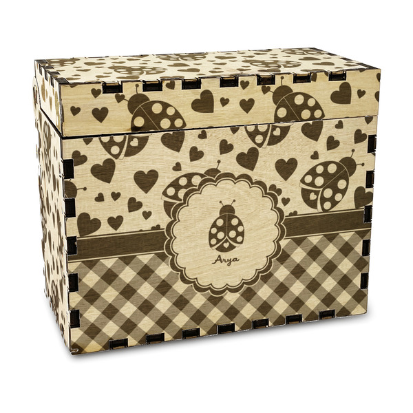 Custom Ladybugs & Gingham Wood Recipe Box - Laser Engraved (Personalized)