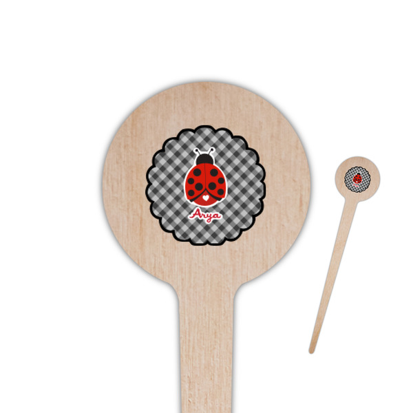 Custom Ladybugs & Gingham 4" Round Wooden Food Picks - Single Sided (Personalized)