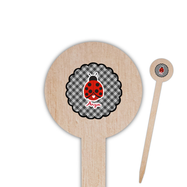 Custom Ladybugs & Gingham 6" Round Wooden Food Picks - Single Sided (Personalized)
