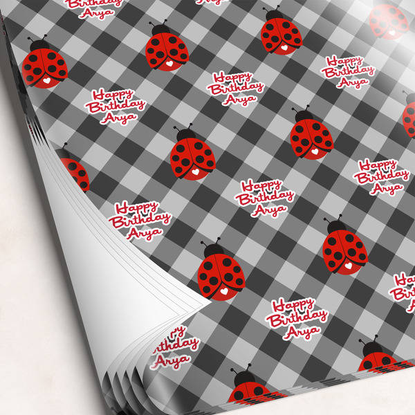 Custom Ladybugs & Gingham Wrapping Paper Sheets - Single-Sided - 20" x 28" (Personalized)