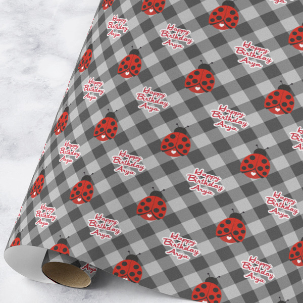 Custom Ladybugs & Gingham Wrapping Paper Roll - Large - Matte (Personalized)