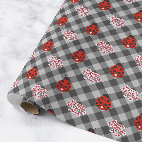 Custom Ladybugs & Gingham Wrapping Paper Roll - Medium - Matte (Personalized)